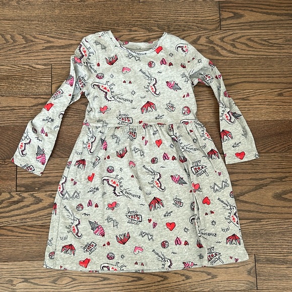 Girls long sleeve dress new (no tags) grey pink red and black accents & silver - Picture 1 of 1